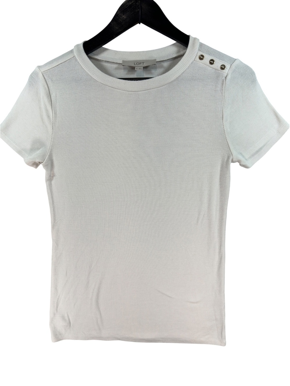 LOFT White Ribbed Modal T-Shirt XS Gold Shoulder Buttons Stretch Top